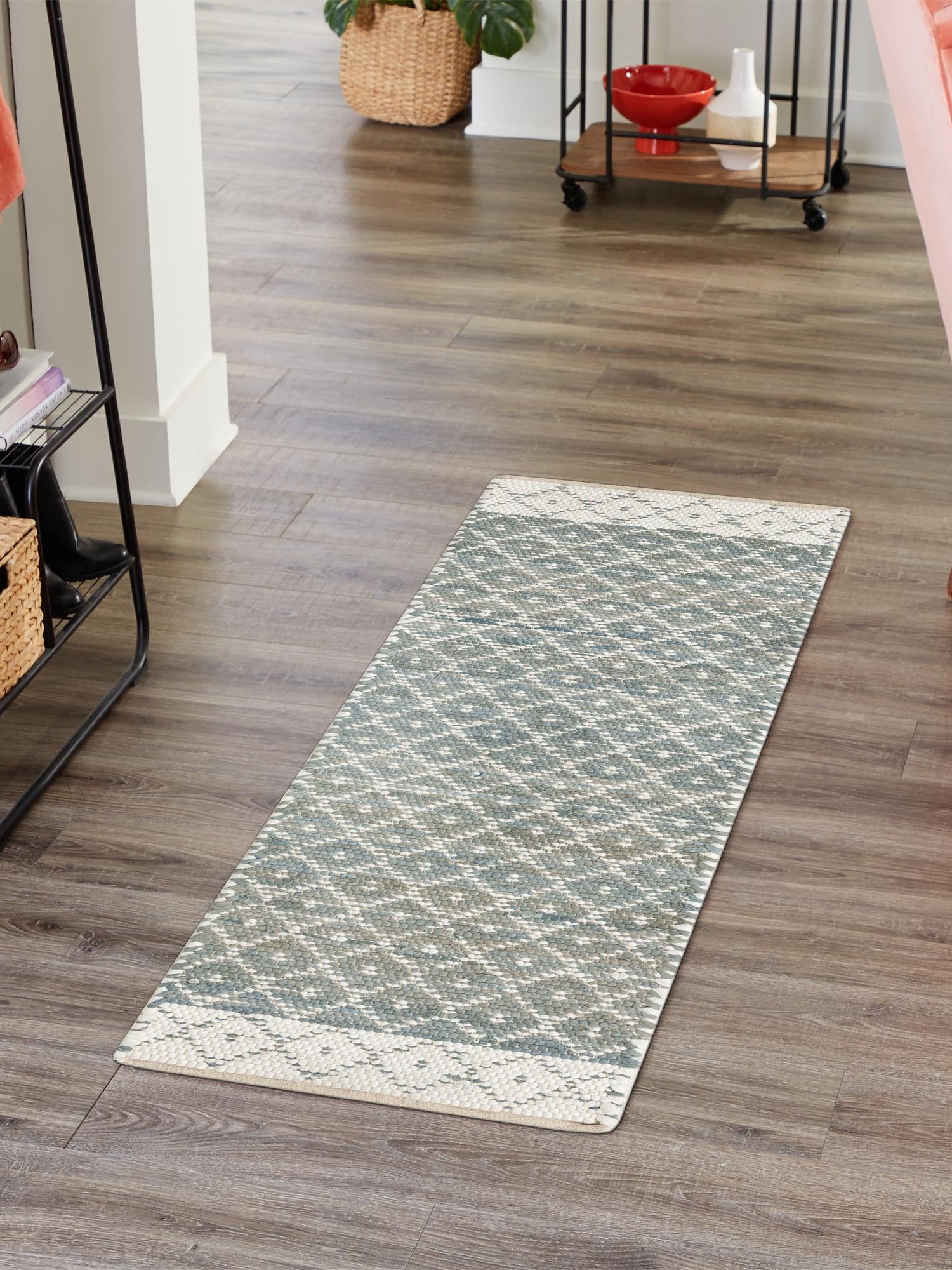 Gray 2' 7 x 13' 1 Chindi Trellis Runner Area Rug Natural Eco-Friendly Cotton Geometric Pattern Carpet for Living Dining Room Office Bedrooms for Sale at Rug Engine