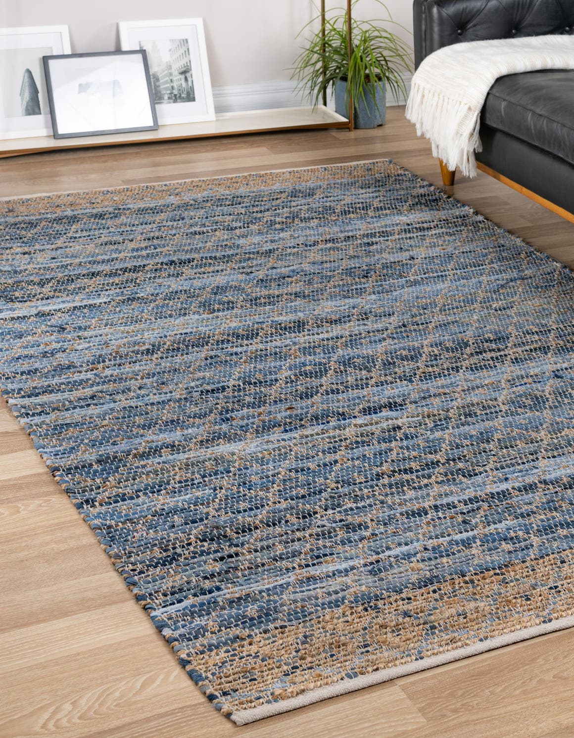 Denim blue 4' 1 x 6' 1 Chindi Trellis Rectangle Area Rug Natural Eco-Friendly Cotton Geometric Pattern Carpet for Living Dining Room Office Bedrooms for Sale at Rug Engine