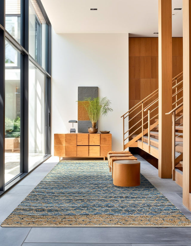 Denim blue 4' 1 x 6' 1 Chindi Trellis Rectangle Area Rug Natural Eco-Friendly Cotton Geometric Pattern Carpet for Living Dining Room Office Bedrooms for Sale at Rug Engine