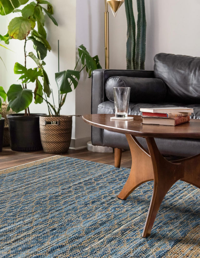Denim blue 4' 1 x 6' 1 Chindi Trellis Rectangle Area Rug Natural Eco-Friendly Cotton Geometric Pattern Carpet for Living Dining Room Office Bedrooms for Sale at Rug Engine