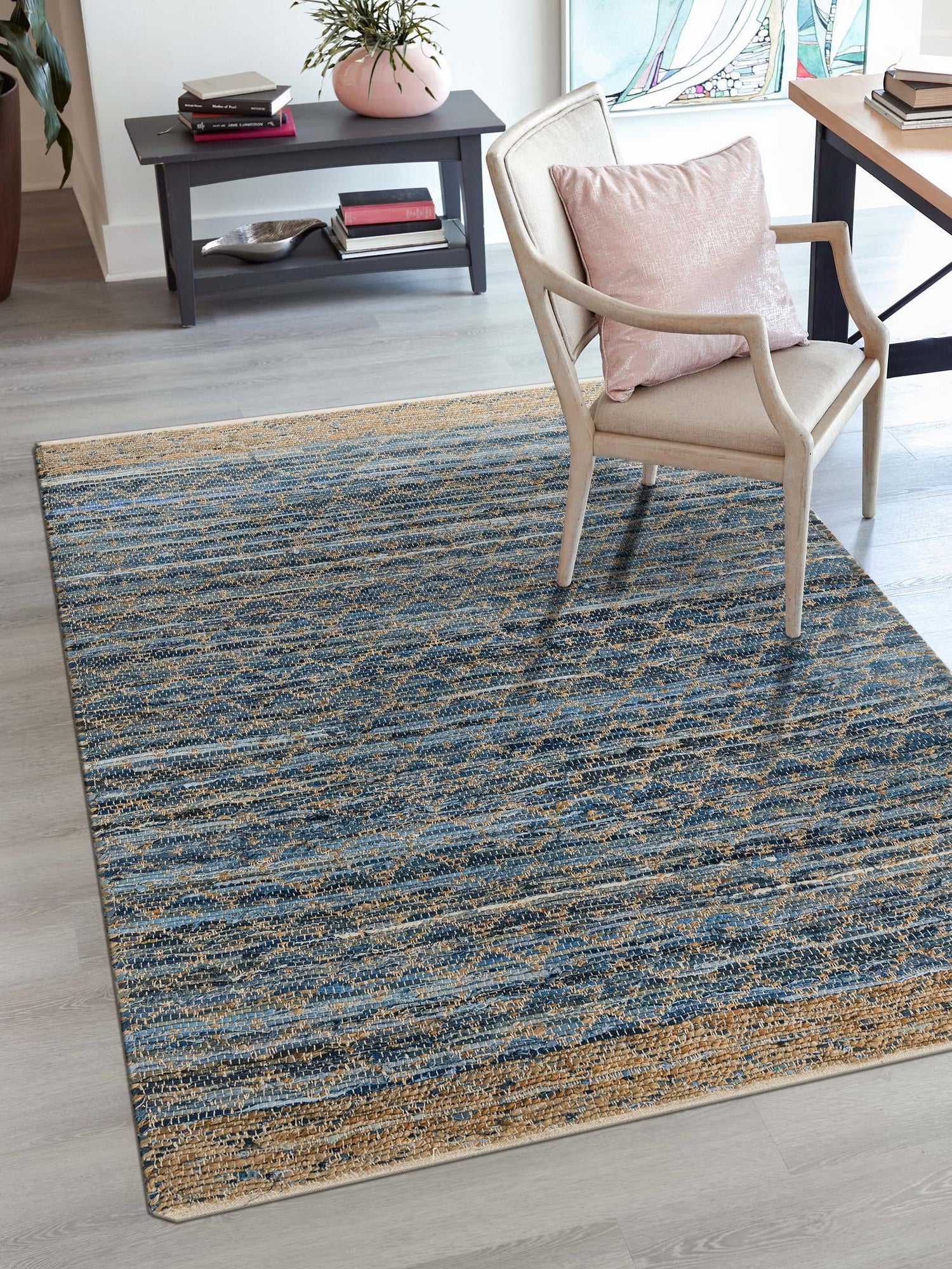 Denim blue 4' 1 x 6' 1 Chindi Trellis Rectangle Area Rug Natural Eco-Friendly Cotton Geometric Pattern Carpet for Living Dining Room Office Bedrooms for Sale at Rug Engine