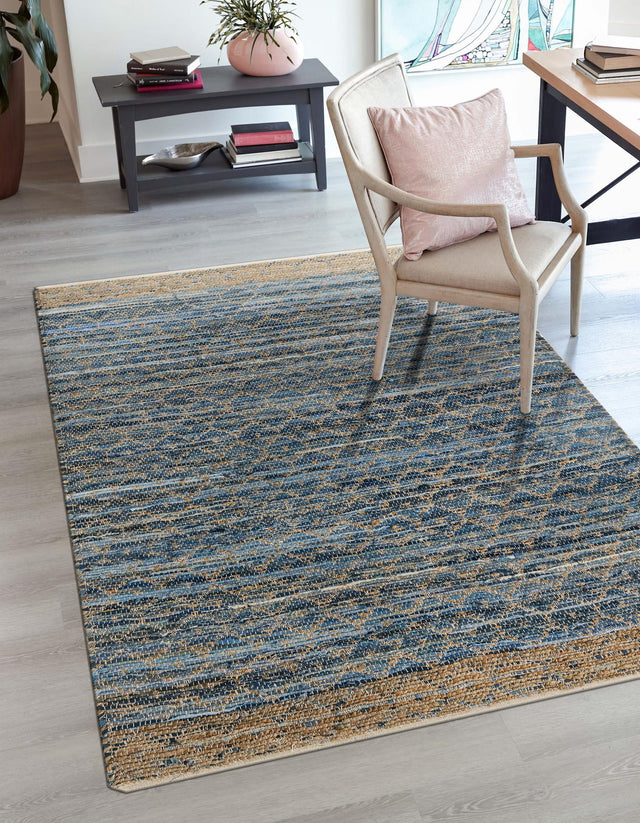 Denim blue 4' 1 x 6' 1 Chindi Trellis Rectangle Area Rug Natural Eco-Friendly Cotton Geometric Pattern Carpet for Living Dining Room Office Bedrooms for Sale at Rug Engine