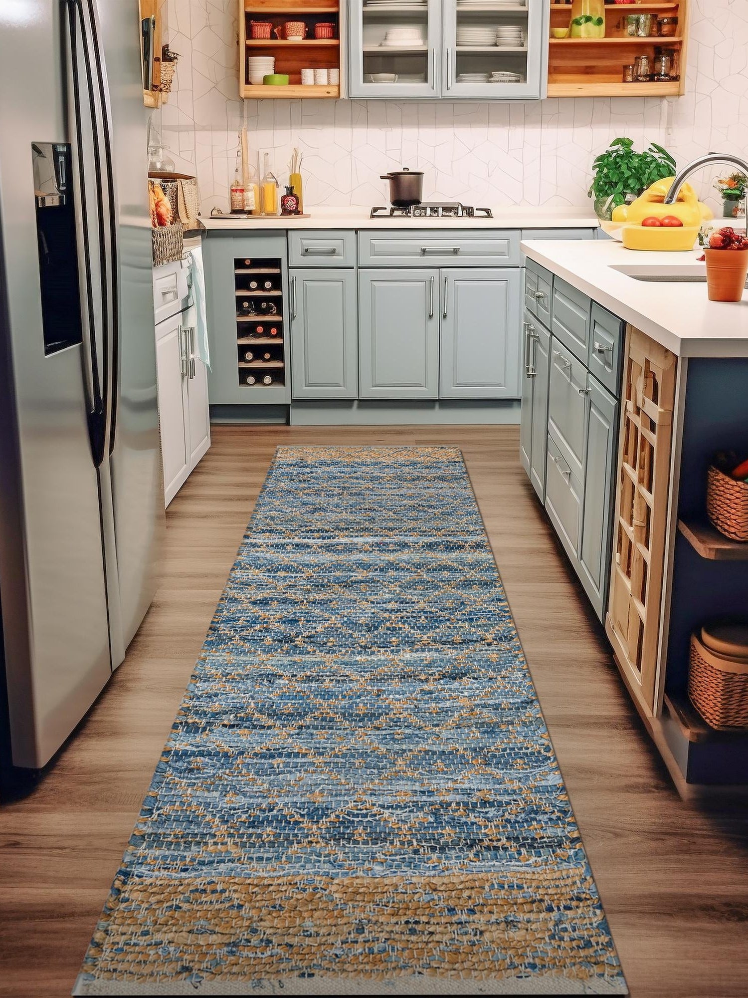Denim blue 2' 7 x 10' Chindi Trellis Runner Area Rug Natural Eco-Friendly Cotton Geometric Pattern Carpet for Living Dining Room Office Bedrooms for Sale at Rug Engine
