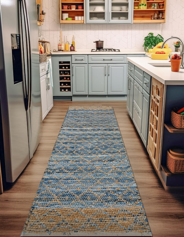 Denim blue 2' 7 x 10' Chindi Trellis Runner Area Rug Natural Eco-Friendly Cotton Geometric Pattern Carpet for Living Dining Room Office Bedrooms for Sale at Rug Engine