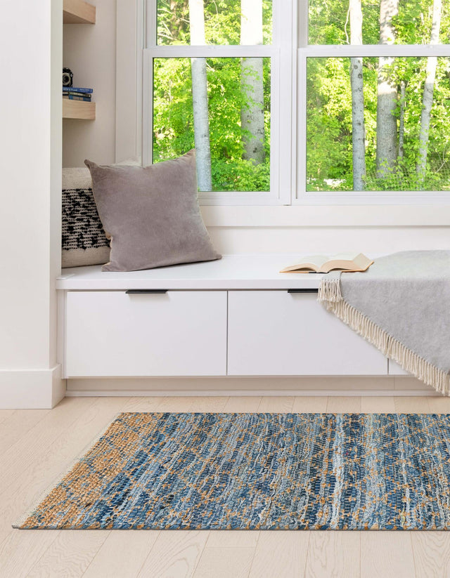 Denim blue 2' 7 x 10' Chindi Trellis Runner Area Rug Natural Eco-Friendly Cotton Geometric Pattern Carpet for Living Dining Room Office Bedrooms for Sale at Rug Engine