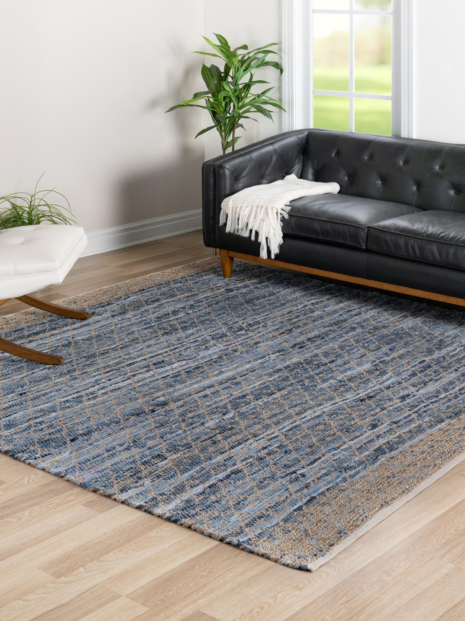 Denim blue 8' x 8' Chindi Trellis Square Area Rug Natural Eco-Friendly Cotton Geometric Pattern Carpet for Living Dining Room Office Bedrooms for Sale at Rug Engine