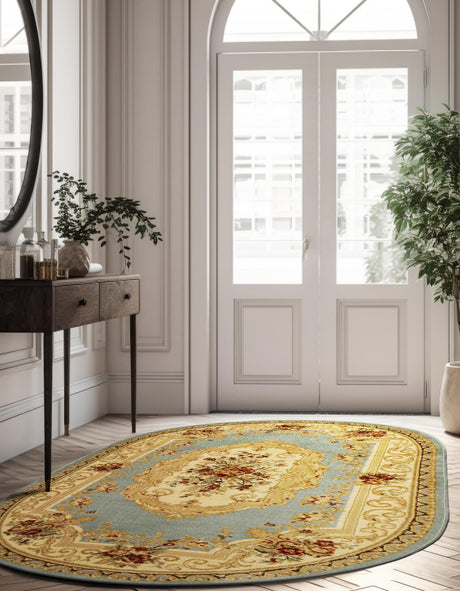 Light Blue 4' 1 x 6' 1 Versailles Oval Area Rug Classic Traditional Motif Indoor Carpet for Hallways, Dining Rooms, Bedrooms, Living Room, Office for Sale at Rug Engine