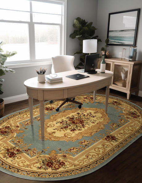 Light Blue 4' 1 x 6' 1 Versailles Oval Area Rug Classic Traditional Motif Indoor Carpet for Hallways, Dining Rooms, Bedrooms, Living Room, Office for Sale at Rug Engine