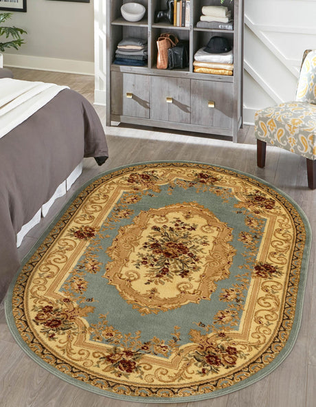 Light Blue 4' 1 x 6' 1 Versailles Oval Area Rug Classic Traditional Motif Indoor Carpet for Hallways, Dining Rooms, Bedrooms, Living Room, Office for Sale at Rug Engine