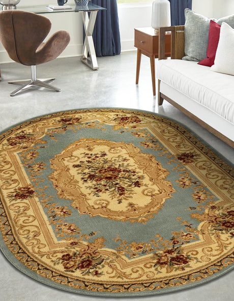 Light Blue 4' 1 x 6' 1 Versailles Oval Area Rug Classic Traditional Motif Indoor Carpet for Hallways, Dining Rooms, Bedrooms, Living Room, Office for Sale at Rug Engine