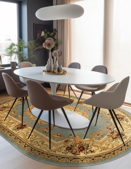 Light Blue 4' 1 x 6' 1 Versailles Oval Area Rug Classic Traditional Motif Indoor Carpet for Hallways, Dining Rooms, Bedrooms, Living Room, Office for Sale at Rug Engine