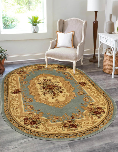 Light Blue 4' 1 x 6' 1 Versailles Oval Area Rug Classic Traditional Motif Indoor Carpet for Hallways, Dining Rooms, Bedrooms, Living Room, Office for Sale at Rug Engine