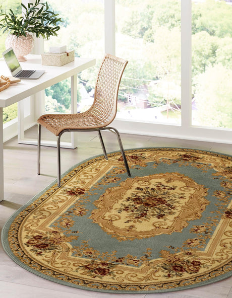 Light Blue 4' 1 x 6' 1 Versailles Oval Area Rug Classic Traditional Motif Indoor Carpet for Hallways, Dining Rooms, Bedrooms, Living Room, Office for Sale at Rug Engine