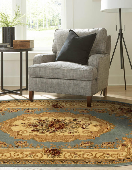 Light Blue 4' 1 x 6' 1 Versailles Oval Area Rug Classic Traditional Motif Indoor Carpet for Hallways, Dining Rooms, Bedrooms, Living Room, Office for Sale at Rug Engine