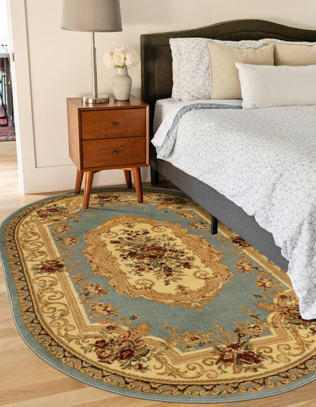 Light Blue 4' 1 x 6' 1 Versailles Oval Area Rug Classic Traditional Motif Indoor Carpet for Hallways, Dining Rooms, Bedrooms, Living Room, Office for Sale at Rug Engine
