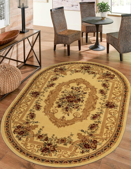 Cream 4' 1 x 6' 1 Versailles Oval Area Rug Classic Traditional Motif Indoor Carpet for Hallways, Dining Rooms, Bedrooms, Living Room, Office for Sale at Rug Engine