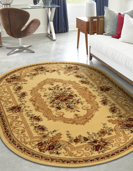 Cream 4' 1 x 6' 1 Versailles Oval Area Rug Classic Traditional Motif Indoor Carpet for Hallways, Dining Rooms, Bedrooms, Living Room, Office for Sale at Rug Engine