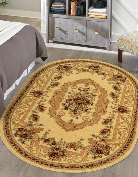 Cream 4' 1 x 6' 1 Versailles Oval Area Rug Classic Traditional Motif Indoor Carpet for Hallways, Dining Rooms, Bedrooms, Living Room, Office for Sale at Rug Engine