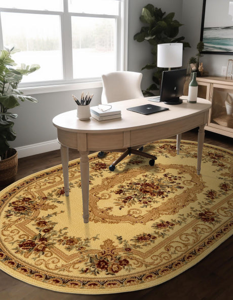 Cream 4' 1 x 6' 1 Versailles Oval Area Rug Classic Traditional Motif Indoor Carpet for Hallways, Dining Rooms, Bedrooms, Living Room, Office for Sale at Rug Engine
