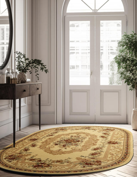 Cream 4' 1 x 6' 1 Versailles Oval Area Rug Classic Traditional Motif Indoor Carpet for Hallways, Dining Rooms, Bedrooms, Living Room, Office for Sale at Rug Engine