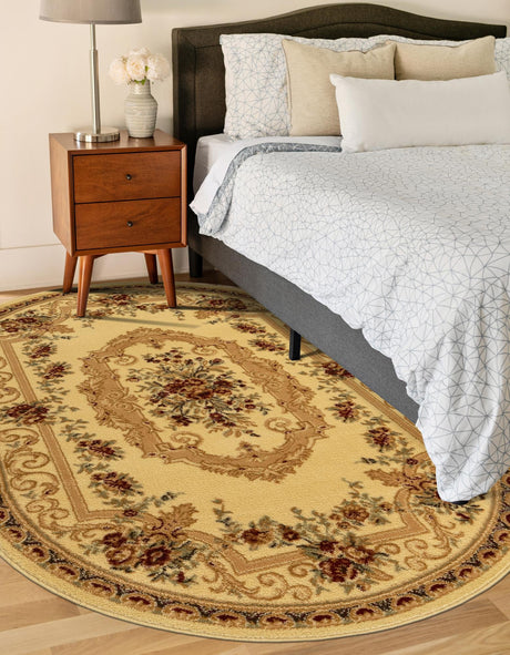 Cream 4' 1 x 6' 1 Versailles Oval Area Rug Classic Traditional Motif Indoor Carpet for Hallways, Dining Rooms, Bedrooms, Living Room, Office for Sale at Rug Engine