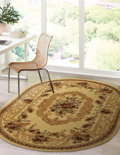 Cream 4' 1 x 6' 1 Versailles Oval Area Rug Classic Traditional Motif Indoor Carpet for Hallways, Dining Rooms, Bedrooms, Living Room, Office for Sale at Rug Engine