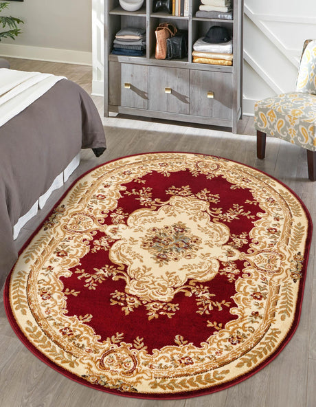 Red 4' 1 x 6' 1 Versailles Oval Area Rug Classic Traditional Motif Indoor Carpet for Hallways, Dining Rooms, Bedrooms, Living Room, Office for Sale at Rug Engine