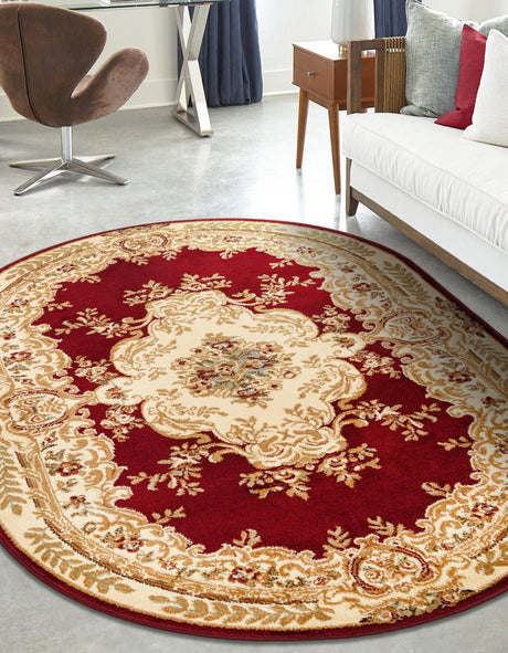 Red 4' 1 x 6' 1 Versailles Oval Area Rug Classic Traditional Motif Indoor Carpet for Hallways, Dining Rooms, Bedrooms, Living Room, Office for Sale at Rug Engine