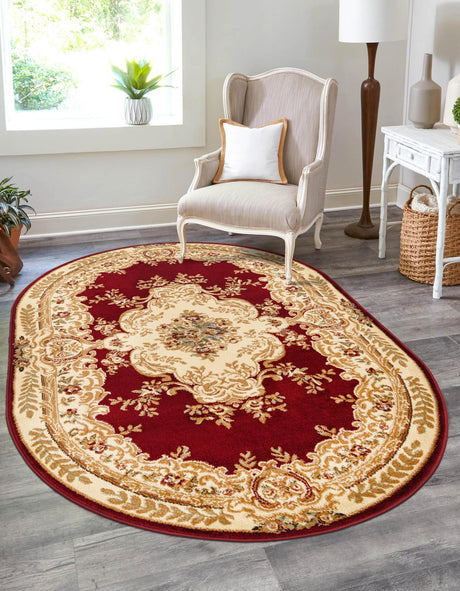 Red 4' 1 x 6' 1 Versailles Oval Area Rug Classic Traditional Motif Indoor Carpet for Hallways, Dining Rooms, Bedrooms, Living Room, Office for Sale at Rug Engine