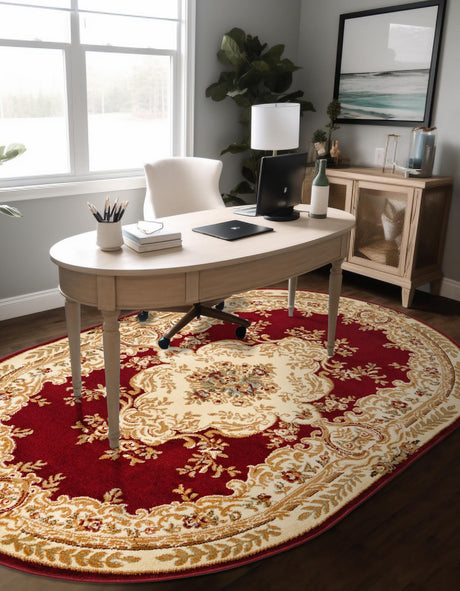 Red 4' 1 x 6' 1 Versailles Oval Area Rug Classic Traditional Motif Indoor Carpet for Hallways, Dining Rooms, Bedrooms, Living Room, Office for Sale at Rug Engine