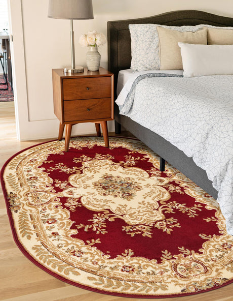 Red 4' 1 x 6' 1 Versailles Oval Area Rug Classic Traditional Motif Indoor Carpet for Hallways, Dining Rooms, Bedrooms, Living Room, Office for Sale at Rug Engine