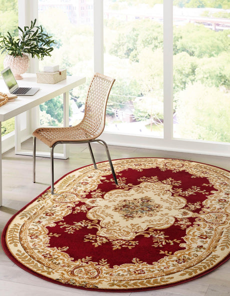 Red 4' 1 x 6' 1 Versailles Oval Area Rug Classic Traditional Motif Indoor Carpet for Hallways, Dining Rooms, Bedrooms, Living Room, Office for Sale at Rug Engine