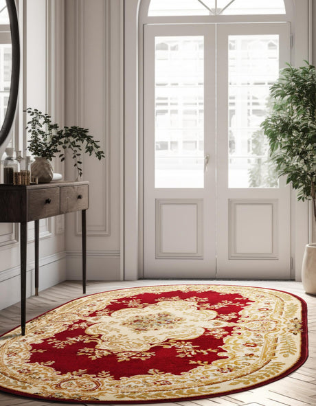 Red 4' 1 x 6' 1 Versailles Oval Area Rug Classic Traditional Motif Indoor Carpet for Hallways, Dining Rooms, Bedrooms, Living Room, Office for Sale at Rug Engine