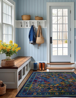 Navy Blue 10' x 10' Calypso Square Area Rug 100% Polypropylene With Cotton Backing Colorful Vivid Traditional Design Carpet for Living Office Dining Rooms for Sale at Rug Engine