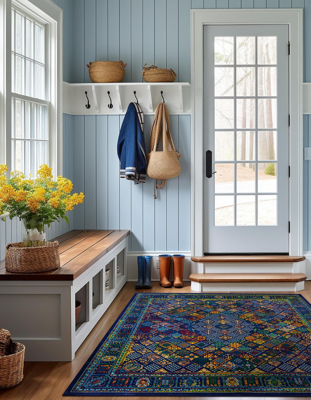 Navy Blue 10' x 10' Calypso Square Area Rug 100% Polypropylene With Cotton Backing Colorful Vivid Traditional Design Carpet for Living Office Dining Rooms for Sale at Rug Engine