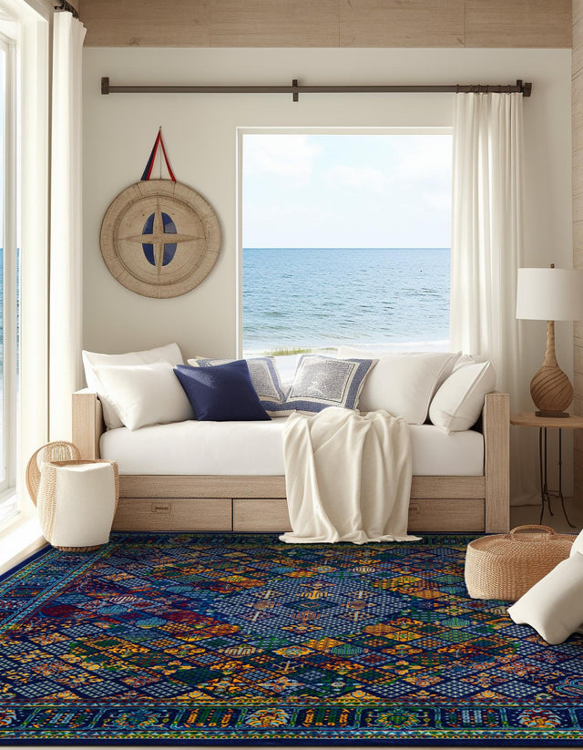 Navy Blue 10' x 10' Calypso Square Area Rug 100% Polypropylene With Cotton Backing Colorful Vivid Traditional Design Carpet for Living Office Dining Rooms for Sale at Rug Engine