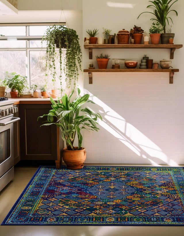 Navy Blue 10' x 10' Calypso Square Area Rug 100% Polypropylene With Cotton Backing Colorful Vivid Traditional Design Carpet for Living Office Dining Rooms for Sale at Rug Engine