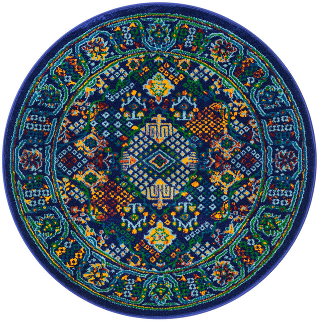 Navy Blue 3' 3 x 3' 3 Calypso Round Area Rug 100% Polypropylene With Cotton Backing Colorful Vivid Traditional Design Carpet for Living Office Dining Rooms for Sale at Rug Engine