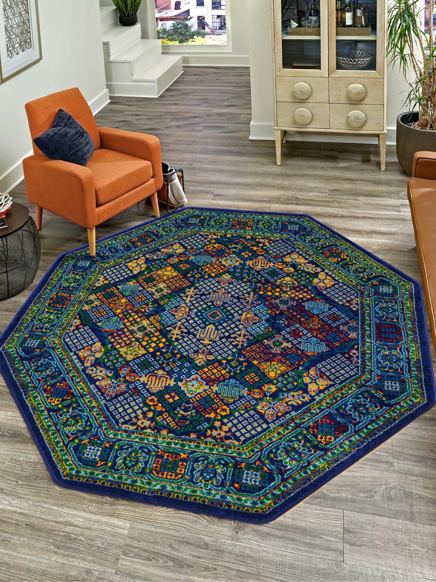 Navy Blue 7' 10 x 7' 10 Calypso Octagon Area Rug 100% Polypropylene With Cotton Backing Colorful Vivid Traditional Design Carpet for Living Office Dining Rooms for Sale at Rug Engine