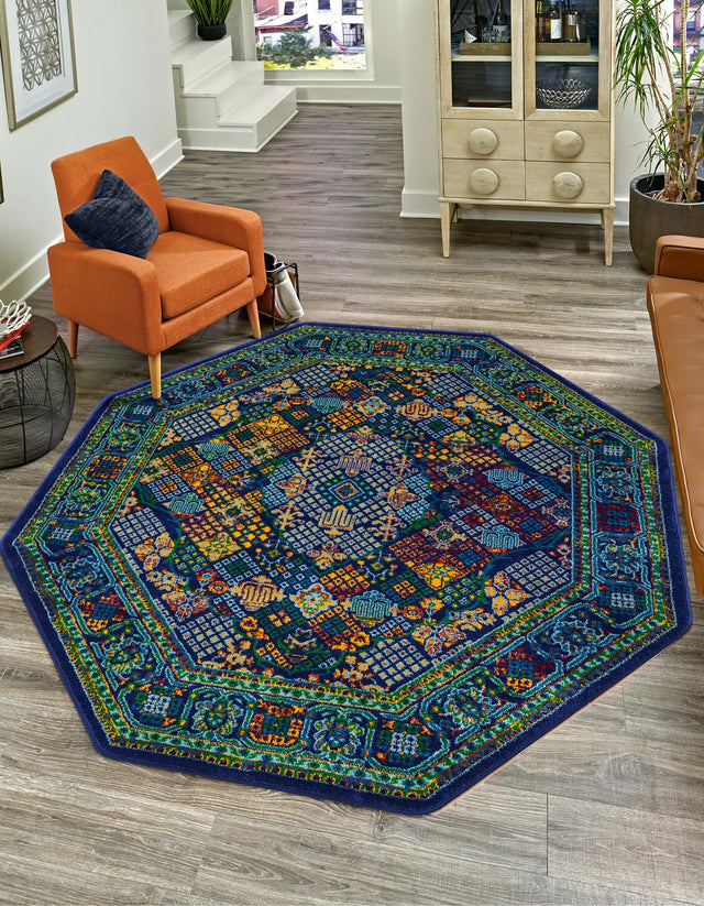 Navy Blue 7' 10 x 7' 10 Calypso Octagon Area Rug 100% Polypropylene With Cotton Backing Colorful Vivid Traditional Design Carpet for Living Office Dining Rooms for Sale at Rug Engine