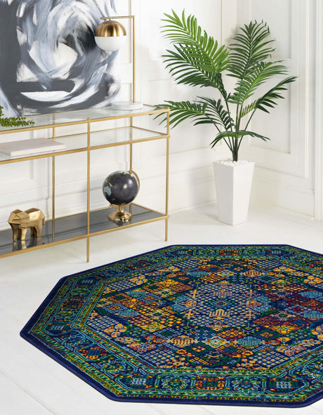 Navy Blue 5' 3 x 5' 3 Calypso Octagon Area Rug 100% Polypropylene With Cotton Backing Colorful Vivid Traditional Design Carpet for Living Office Dining Rooms for Sale at Rug Engine
