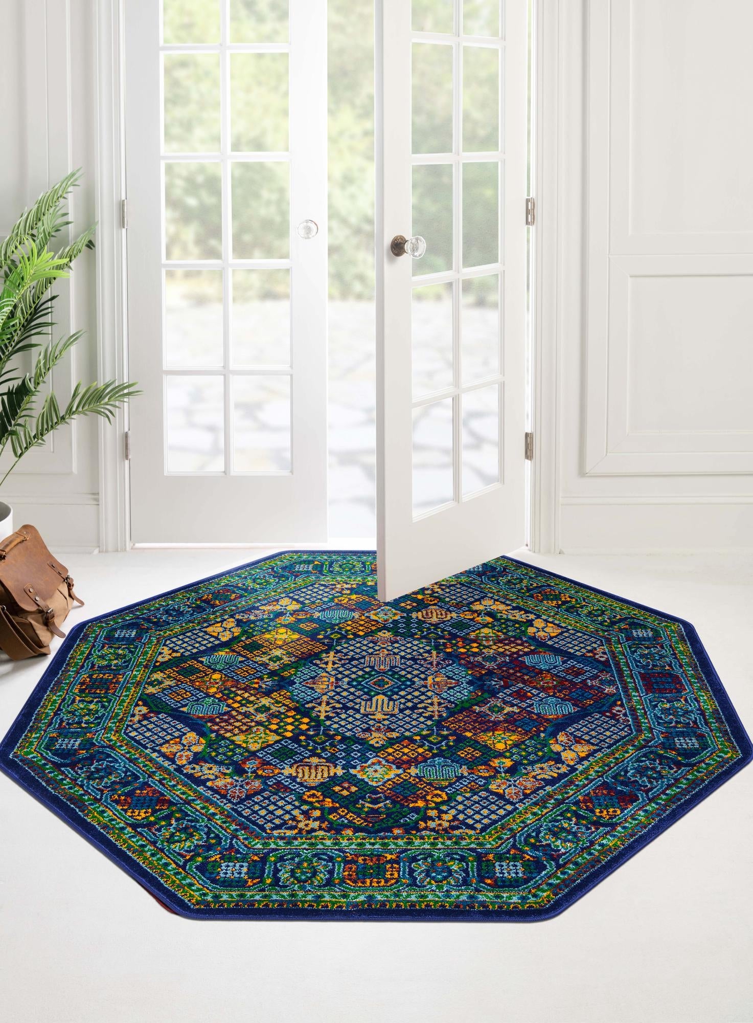 Navy Blue 7' 10 x 7' 10 Calypso Octagon Area Rug 100% Polypropylene With Cotton Backing Colorful Vivid Traditional Design Carpet for Living Office Dining Rooms for Sale at Rug Engine