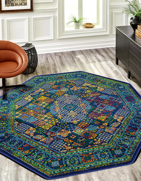 Navy Blue 5' 3 x 5' 3 Calypso Octagon Area Rug 100% Polypropylene With Cotton Backing Colorful Vivid Traditional Design Carpet for Living Office Dining Rooms for Sale at Rug Engine