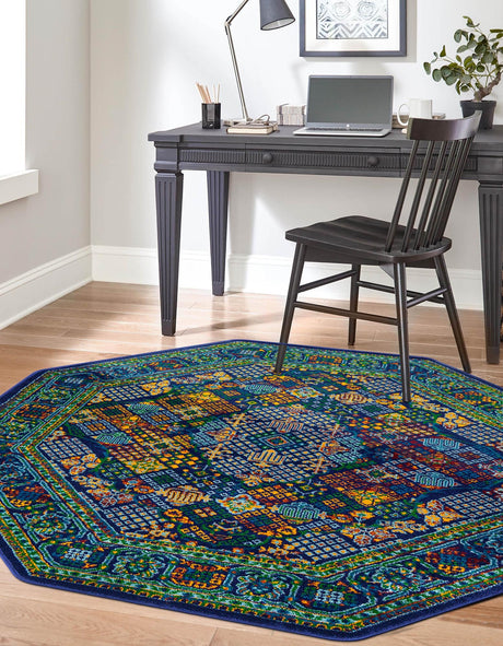Navy Blue 5' 3 x 5' 3 Calypso Octagon Area Rug 100% Polypropylene With Cotton Backing Colorful Vivid Traditional Design Carpet for Living Office Dining Rooms for Sale at Rug Engine
