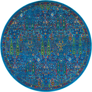 Navy Blue 10' x 10' Calypso Round Area Rug 100% Polypropylene With Cotton Backing Colorful Vivid Traditional Design Carpet for Living Office Dining Rooms for Sale at Rug Engine