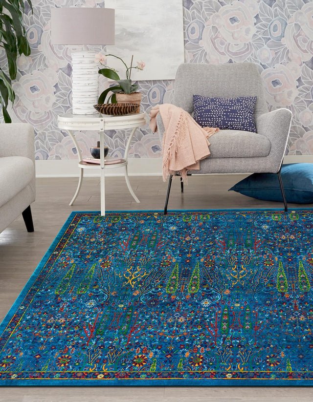 Navy Blue 10' x 10' Calypso Square Area Rug 100% Polypropylene With Cotton Backing Colorful Vivid Traditional Design Carpet for Living Office Dining Rooms for Sale at Rug Engine