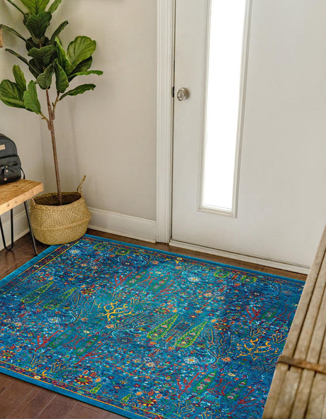 Navy Blue 10' x 10' Calypso Square Area Rug 100% Polypropylene With Cotton Backing Colorful Vivid Traditional Design Carpet for Living Office Dining Rooms for Sale at Rug Engine