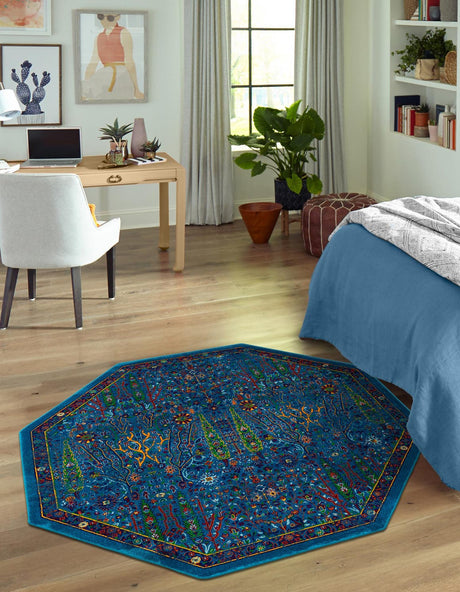 Navy Blue 7' 10 x 7' 10 Calypso Octagon Area Rug 100% Polypropylene With Cotton Backing Colorful Vivid Traditional Design Carpet for Living Office Dining Rooms for Sale at Rug Engine