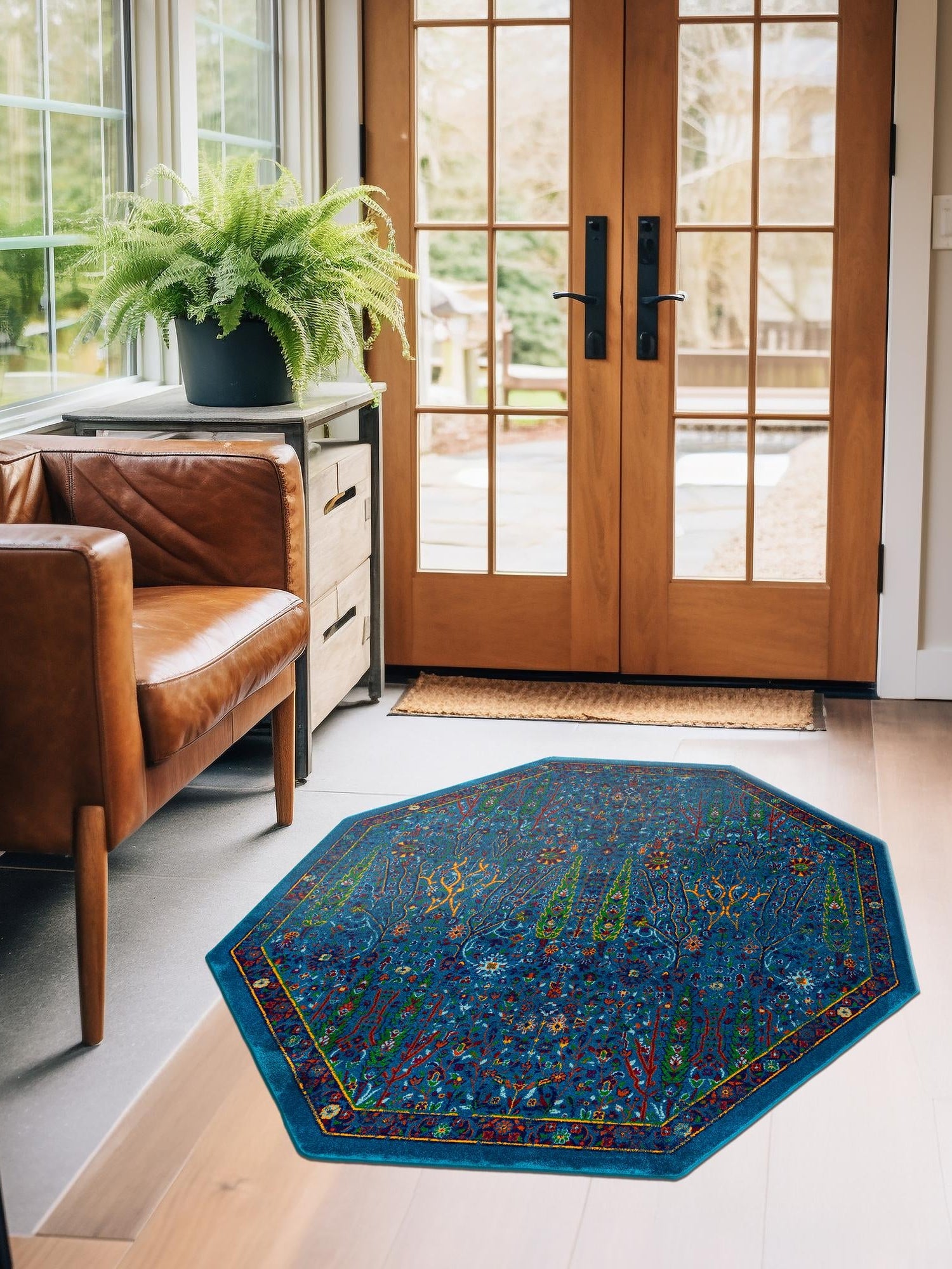 Navy Blue 7' 10 x 7' 10 Calypso Octagon Area Rug 100% Polypropylene With Cotton Backing Colorful Vivid Traditional Design Carpet for Living Office Dining Rooms for Sale at Rug Engine
