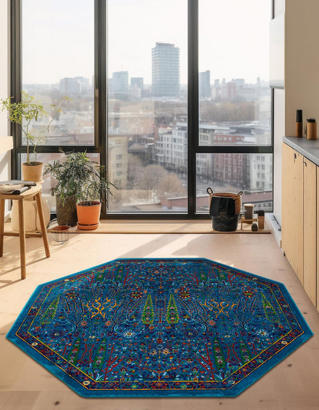 Navy Blue 7' 10 x 7' 10 Calypso Octagon Area Rug 100% Polypropylene With Cotton Backing Colorful Vivid Traditional Design Carpet for Living Office Dining Rooms for Sale at Rug Engine